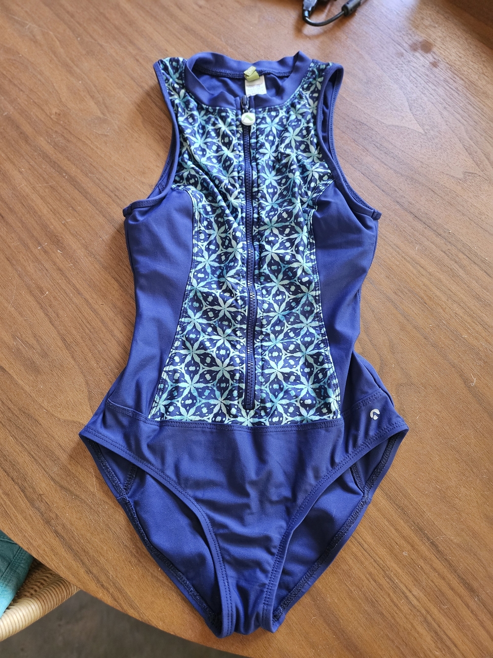 Next By Athena Front-Zip Navy One-Piece Swimsuit with Blue Tile Print Small